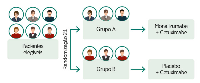 Ilustração sobre a randomização 2:1. BRAÇO A: Monalizumabe + Cetuximabe. BRAÇO B:
Placebo + Cetuximabe