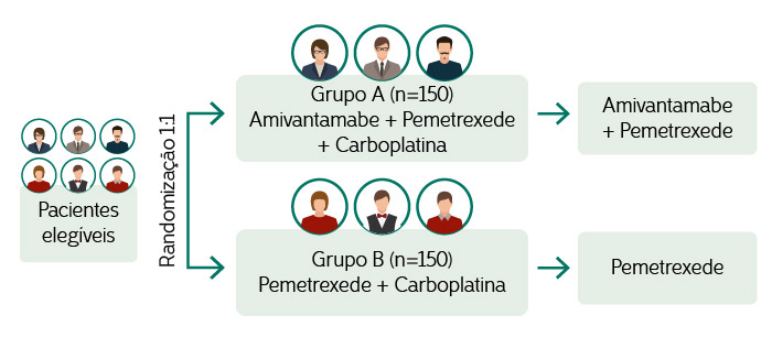 Ilustração do tratamento do estudo papillon. Randomização 1:1. Grupo A (N=150):
Amivantamabe + Pemetrexede + Carboplatina > Amivantamabe + Pemetrexede. GrupoB(N=150):Pemetrexede +Carboplatina > Pemetrexede