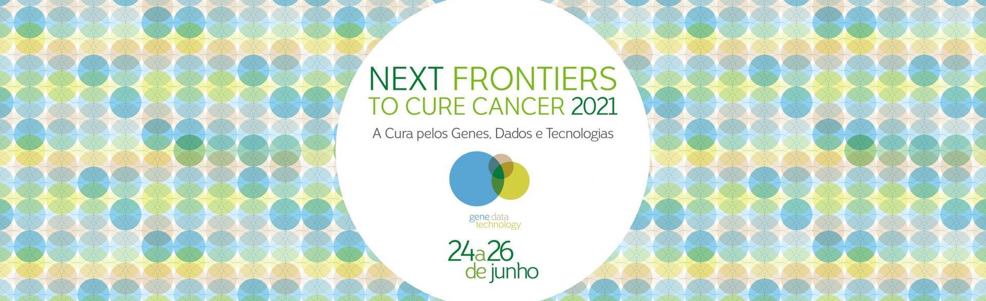 Logo Next Frontiers to The Cancer em branco sob um fundo colorido