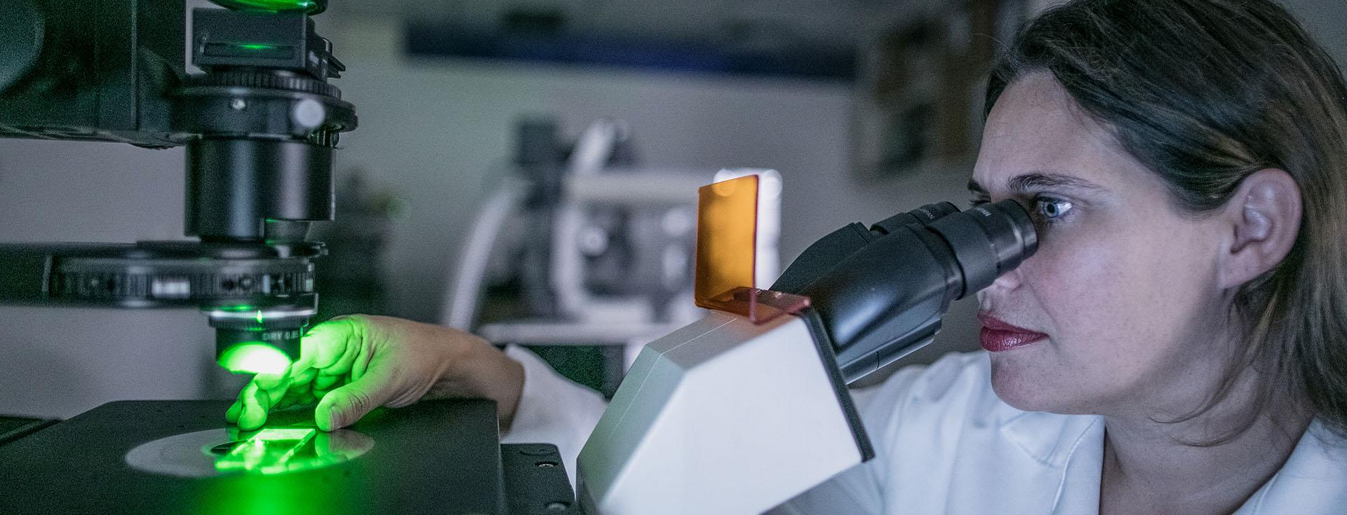 Uma pesquisadora analisando uma lâmina em um microscópio